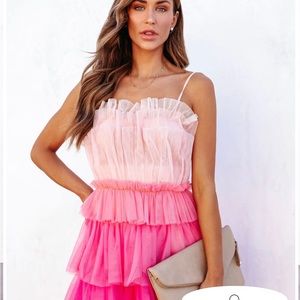 VICI Bradshaw Monochromatic Tulle Tiered Midi Dress